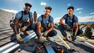 DALL·E 2023 11 02 15.06.45 A photo of three male roofers a mix of African American Caucasian and Asian actively repairing a roof in Colorado. They are on top of the roof we