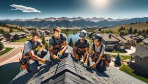 DALL·E 2023 11 03 10.56.38 Photo of a team of roofers fixing a roof in Colorado with a high definition view of the work in progress. The team includes a White man a Black woma