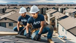 DALL·E 2023 11 03 15.56.08 Photo of two Hispanic roofers working atop an apartment complex in Colorado wearing plain white construction helmets and dark blue t shirts with only