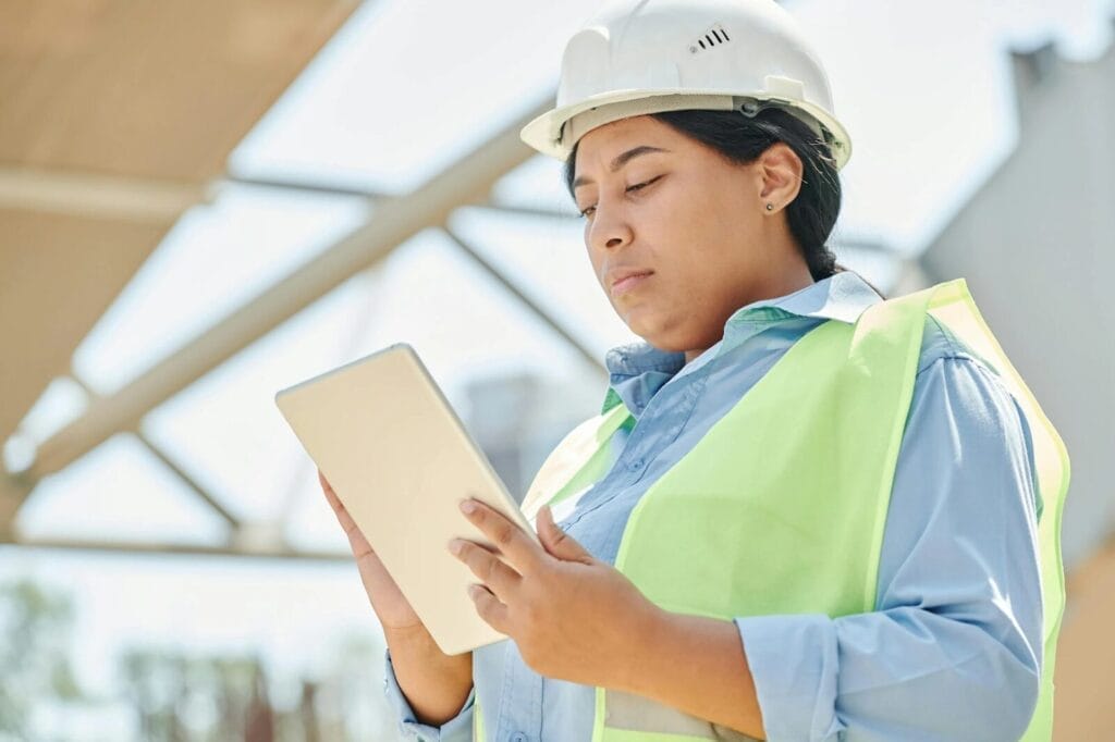 A contractor inspecting using a digital tablet.