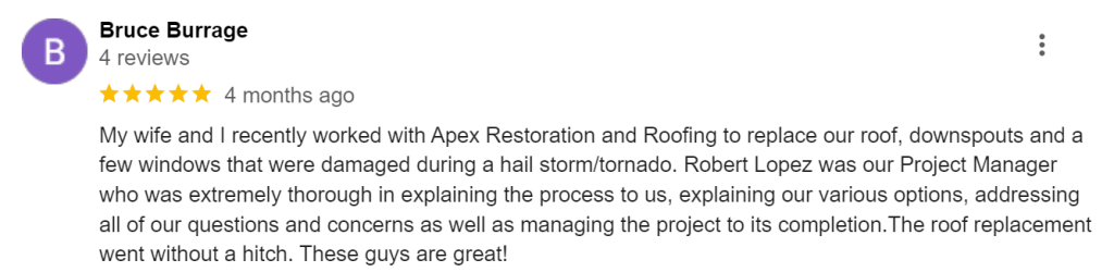 A screenshot of a 5-star Google Review about Apex Restoration & Roofing.